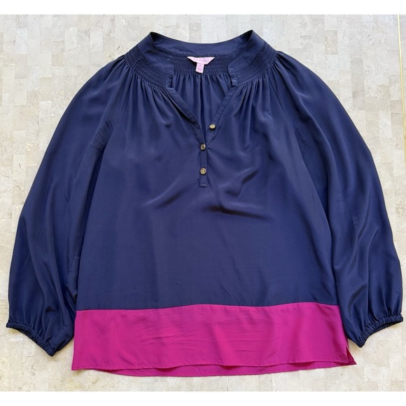 Lilly Pulitzer Tops - Lilly Pulitzer SILK Navy Pink Elsa Color Block Blouse  Shirt Preppy Boho Sz S‎